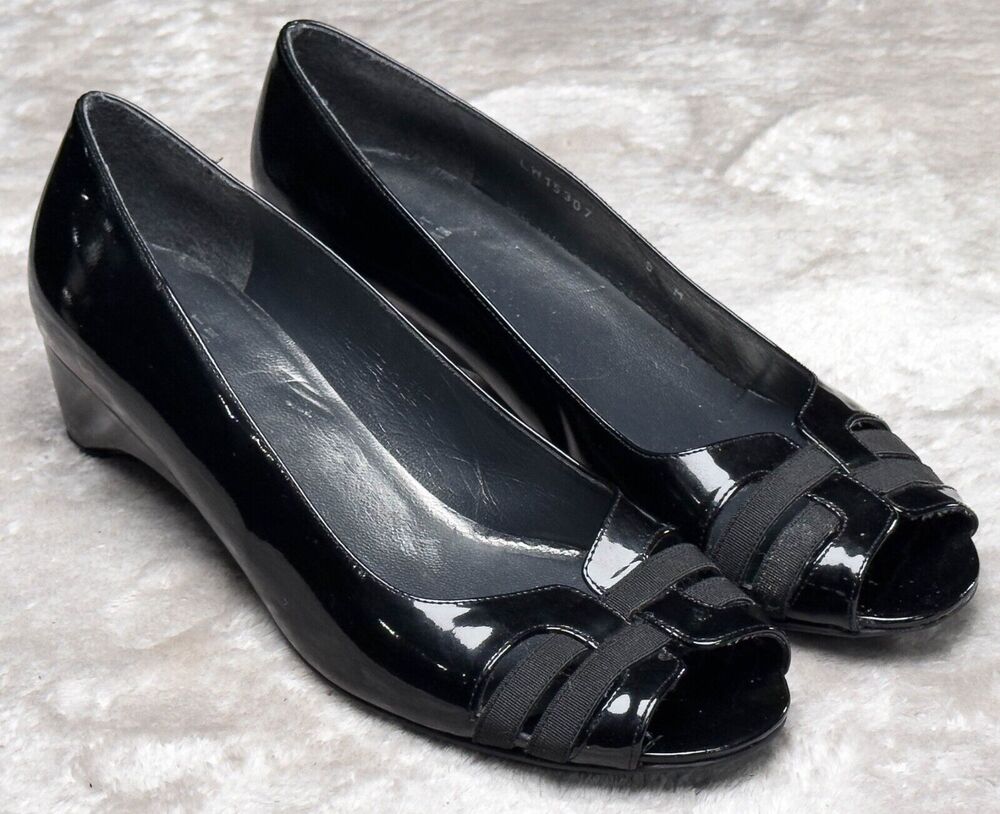 Stuart Weitzman Black Patent Leather Wedge Open Toe Heels Womens Size 9